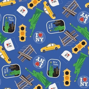 LARGE New York City fabric - yellow taxi_ brooklyn bridge_ i love ny_ cute design blue 10in