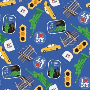 XLARGE New York City fabric - yellow taxi_ brooklyn bridge_ i love ny_ cute design blue 12in