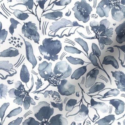 medium-Pale indigo blue watercolor loose florals tossed on white background