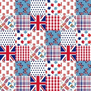 London Quilt 3 inch squares_ red white and blue union jack_ london bus_ tea time rotated