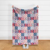 London Quilt 6 inch squares_ red white and blue union jack_ london bus_ tea time rotated