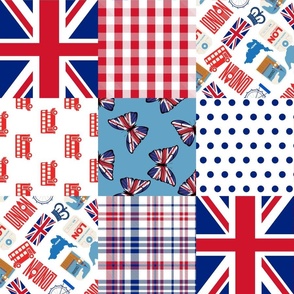 London Quilt 6 inch squares_ red white and blue union jack_ london bus_ tea time rotated