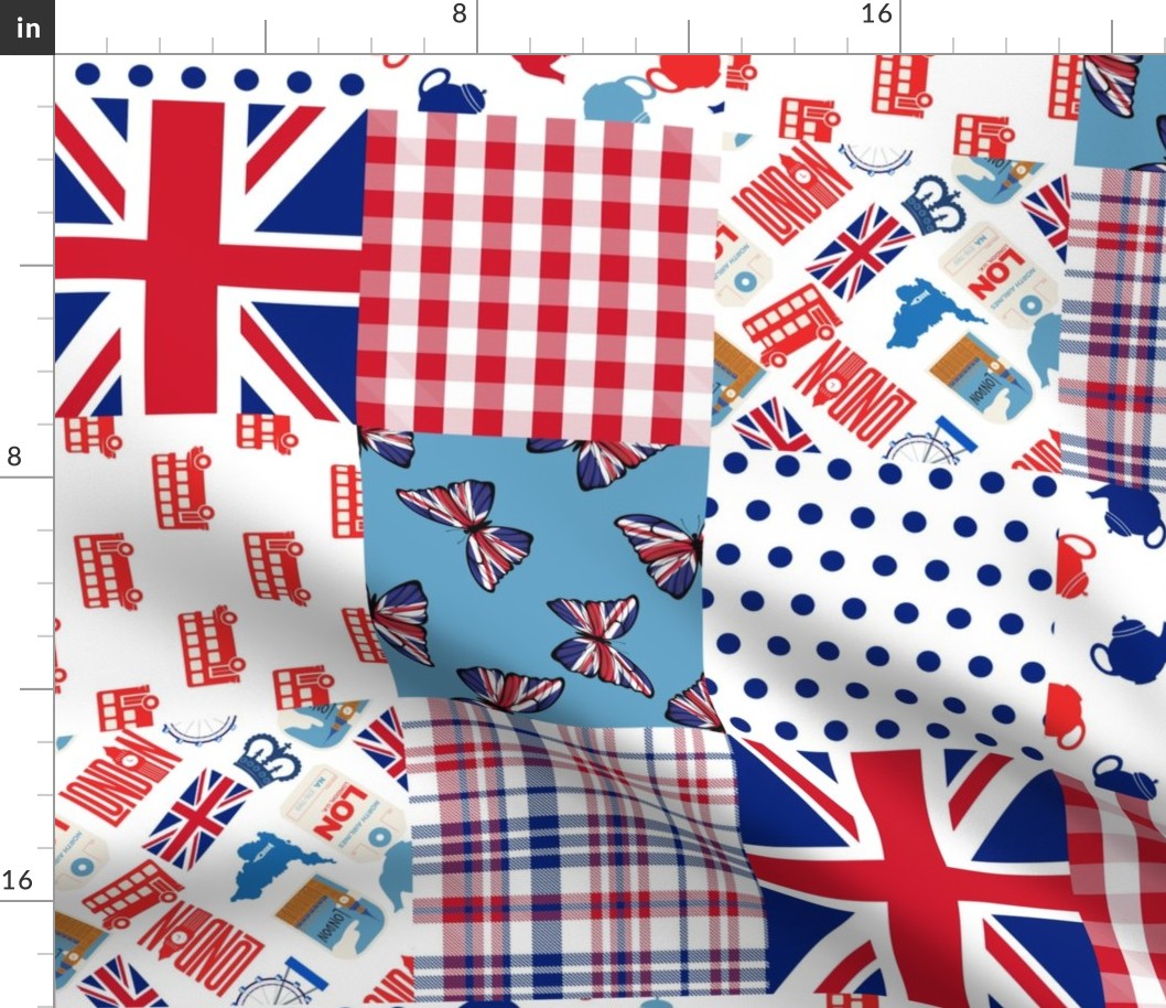 London Quilt 6 inch squares_ red white and blue union jack_ london bus_ tea time rotated