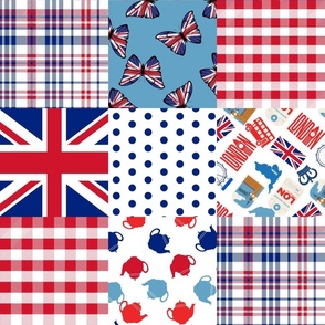 London Quilt 6 inch squares_ red white and blue union jack_ london bus_ tea time