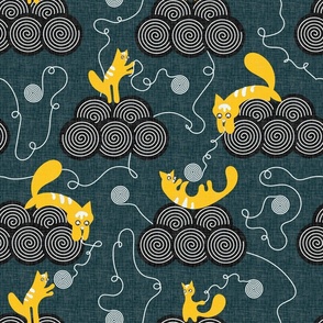 Design with cute vector kittens on clouds with balls on a dark green background