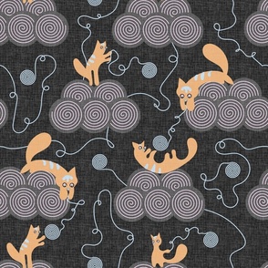 Design with cute vector kittens on clouds with balls on a black background.