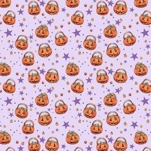 Halloween Pumpkins Jack O'Lantern Trick or Treat bag on purple // little small scale tiny mini micro doll 