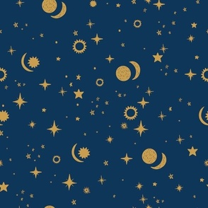 Celestial Constellation Starry Night in Cobalt Blue and Gold Medium