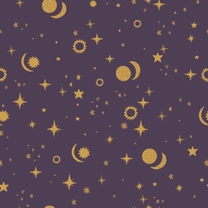 Celestial Constellation Starry Night in Deep Purple and Gold Medium