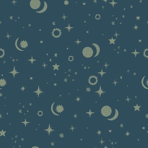 Celestial Constellation Starry Night in Denim Blue and Sage Large