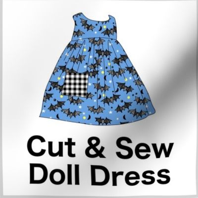 Cut & Sew Dress (Halloween Bats on blue) on FAT QUARTER for Forever Virginia Dolls and other 1/8, 1/6 and 1/5 scale child dolls // little small scale tiny mini micro doll