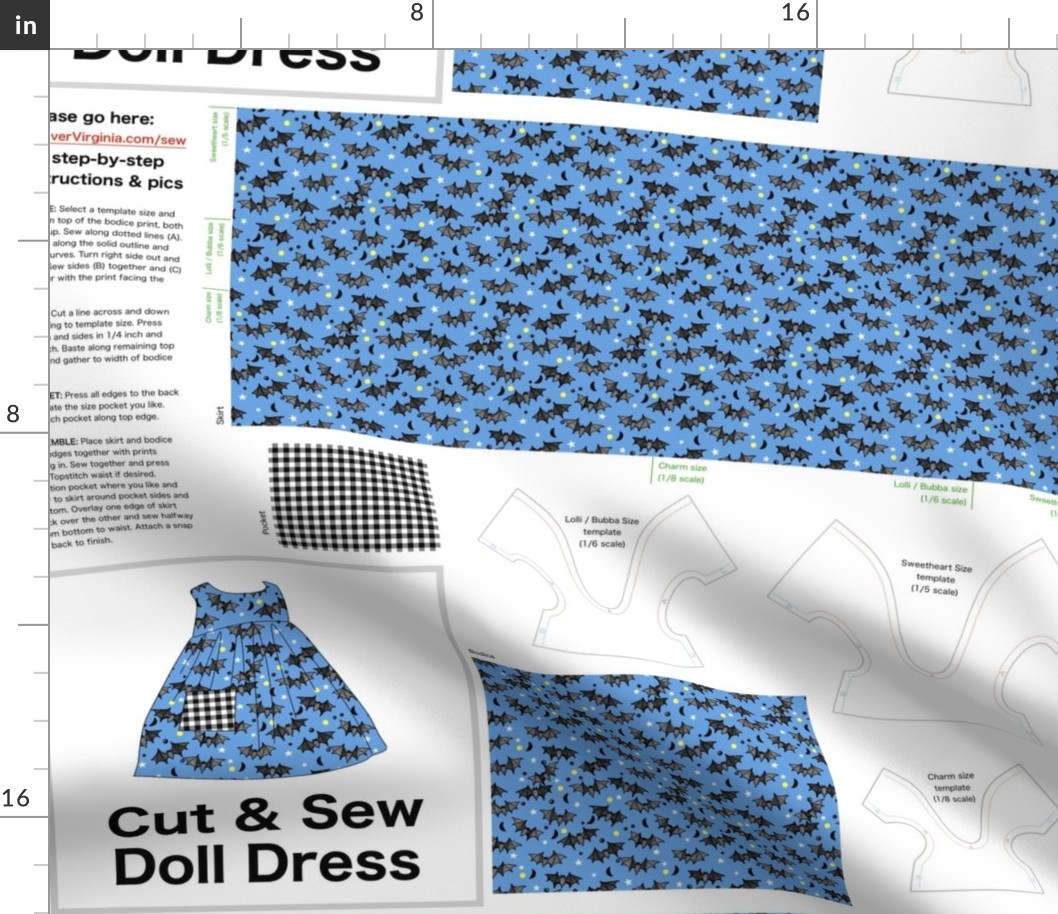 Cut & Sew Dress (Halloween Bats on blue) on FAT QUARTER for Forever Virginia Dolls and other 1/8, 1/6 and 1/5 scale child dolls // little small scale tiny mini micro doll