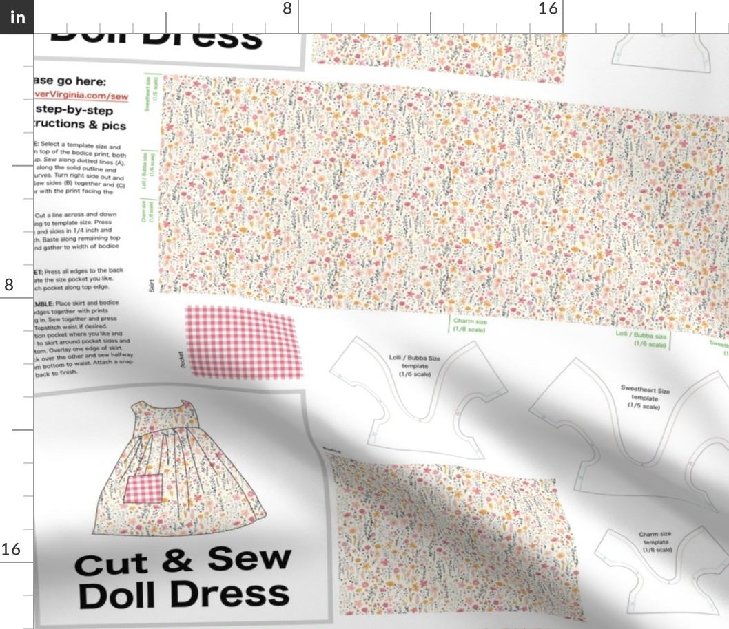 Cut & Sew Dress (Tiny Flowers in Pink Orange Gray) on FAT QUARTER for Forever Virginia Dolls and other 1/8, 1/6 and 1/5 scale child dolls // little small scale tiny mini micro doll