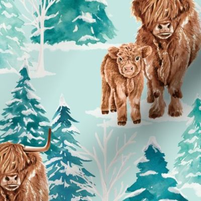 Watercolor Highland Mama and Baby Cow Winter Forest 12 inch