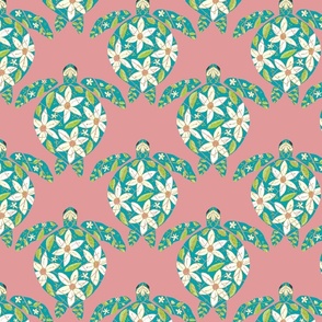 Animal green teal sea turtle, white ecru flowers, Kelly green  leaves,  gold accent, rose pink background