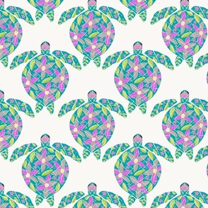 Animal green teal sea turtle, violet purple grey flowers , green jade leaves, white ecru background