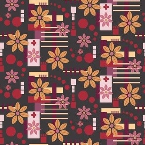 Small scale modern geometric floral in warm mustard, red, pink and dark grey - for retro inspired bed linen, curtains and kitchen accessories, kids apparel and wallpaper.