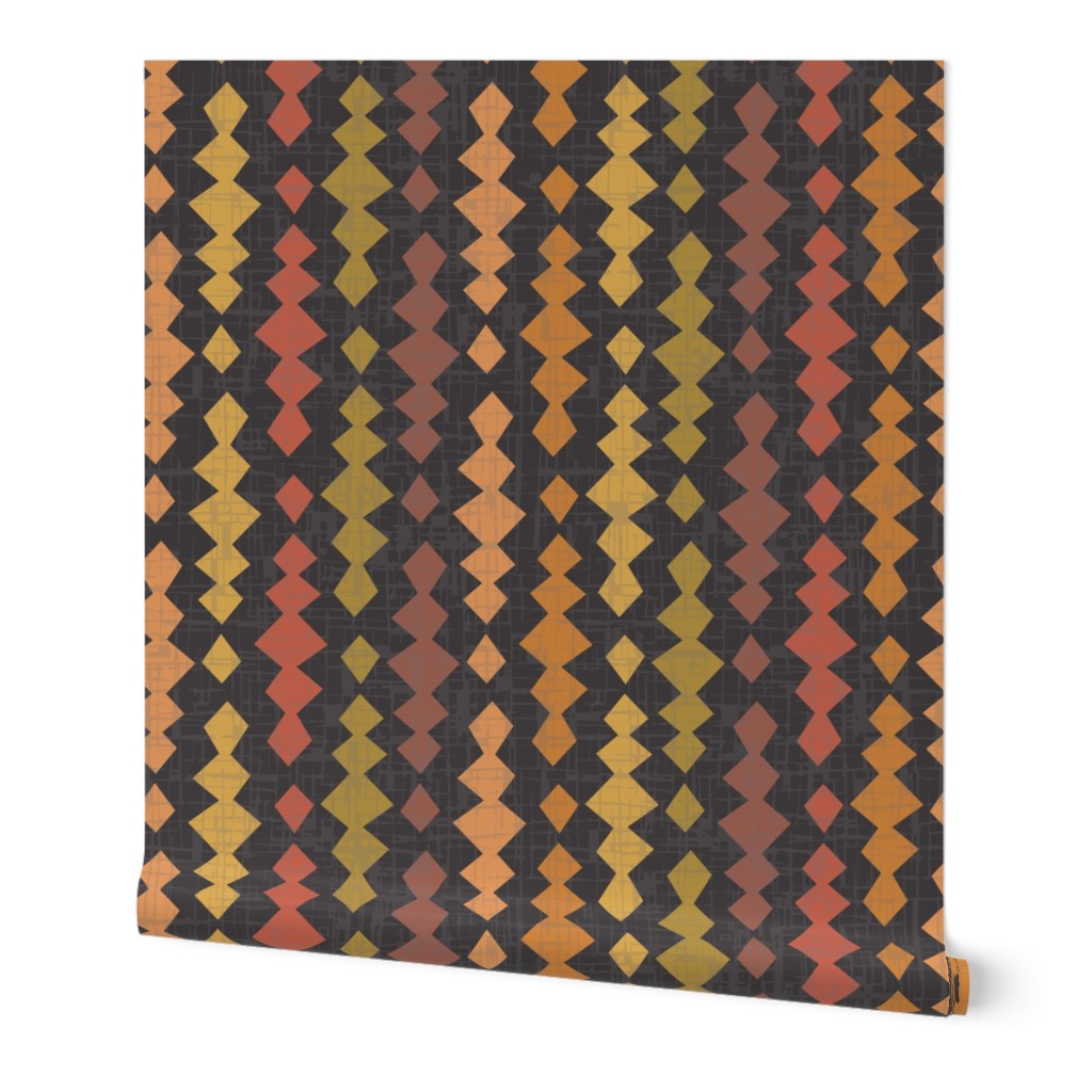 331-  large scale stacked irregular wonky diamonds in warm orange, rust, mustard, olive green on dark charcoal grey - for modern bed linen, curtains and kitchen decor 
