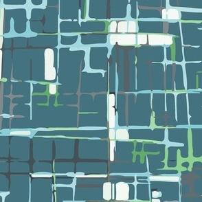 Large jumbo scale Deep teal Textured hand drawn organic grid with touches of fresh apple green, turquoise and cool white - for adult apparel, patchwork, quilting, and sewing for children