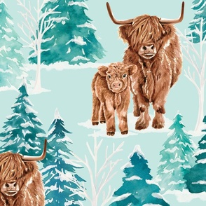 Watercolor Highland Mama and Baby Cow Winter Forest 24 inch