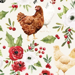 Vintage Christmas Chickens and Holiday Floral 24 inch