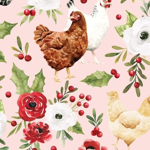 Pink Christmas Chickens and Holiday Floral 24 inch