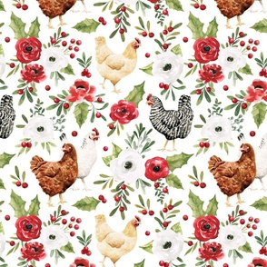 Holly and Pine Christmas Chicken Floral on White 12 inch