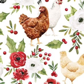 Holly and Pine Christmas Chicken Floral on White 24 inch