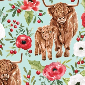 Watercolor Highland Cows and Holiday Floral 24 inch