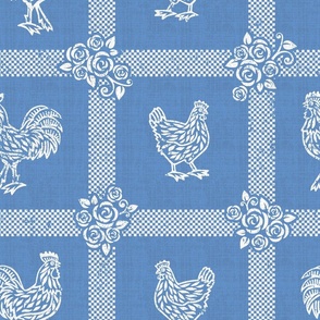 french country linen w roosters in bright blue