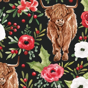 Watercolor Classic Christmas Highland Cow Winter Floral 24 inch