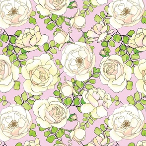 english roses and ferns pattern on pink