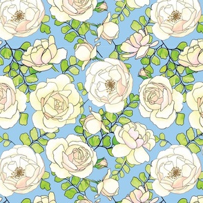 english roses and ferns pattern on light blue