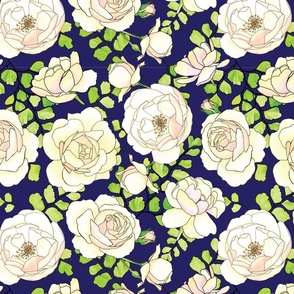 english roses and ferns pattern on midnight