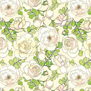 english roses and ferns pattern on cream