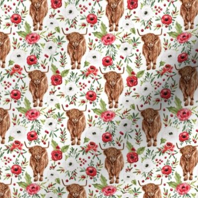 Classic Christmas Highland Cow Floral on White 3 inch