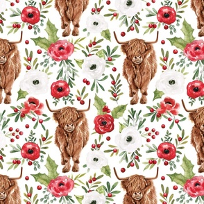Classic Christmas Highland Cow Floral on White 12 inch
