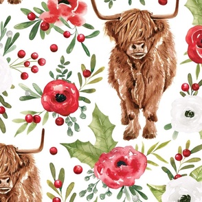 Classic Christmas Highland Cow Floral on White 24 inch