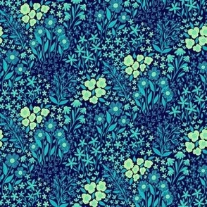 Hidden Garden Millefleur Aquatic shades floral pattern in shades of aqua, teal and blue