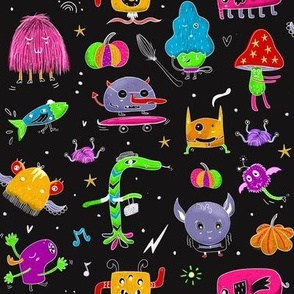 Whimsical Neon Monster Party Black Big