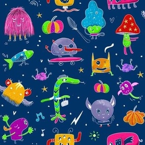 Whimsical Neon Monster Party Blue Big