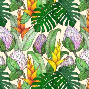 Island Flowers and LeavesJungle Exotic Floral Maximal Wallpaper 