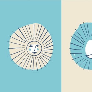 rise and shine sun and moon face checkers - eggshell cream off white  and cyan aqua blue - LARGE