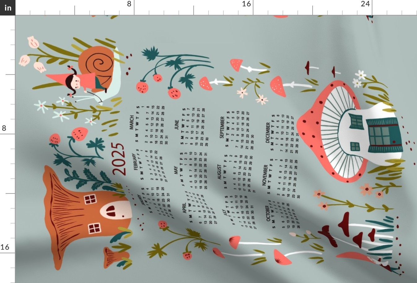 Gnomes and mushrooms calendar 2024 Fabric Spoonflower