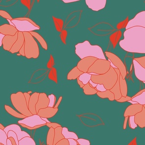 English Roses Pop Art Pattern in Pink and Green - Large Print
