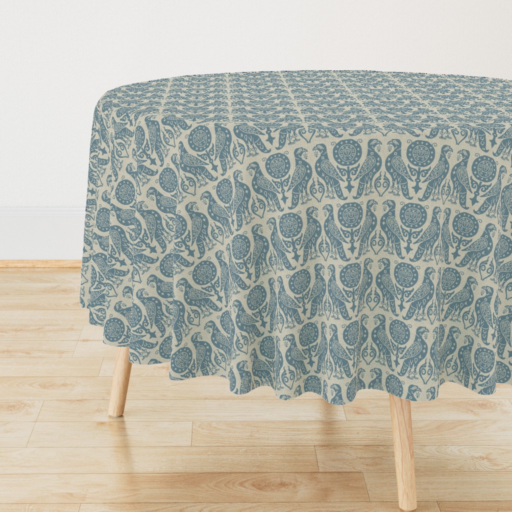 medieval bird damask - Prussian blue on flax