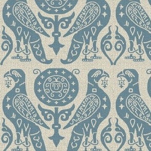 medieval bird damask, Prussian blue on flax