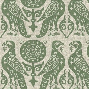 medieval bird damask, green on flax