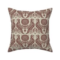 medieval bird damask, rusty red on flax