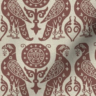 medieval bird damask, rusty red on flax